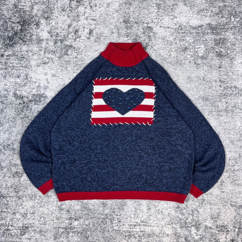 Vintage American Flag Heart Knit Cowlneck Sweater